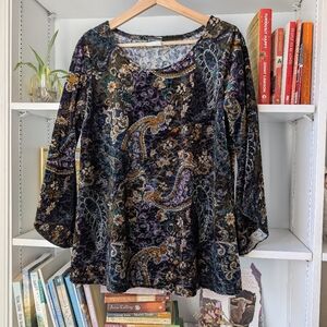 Vintage Paisley Burnt Velvet Women's Blouse Bell Sleeves Black Size Medium Boho